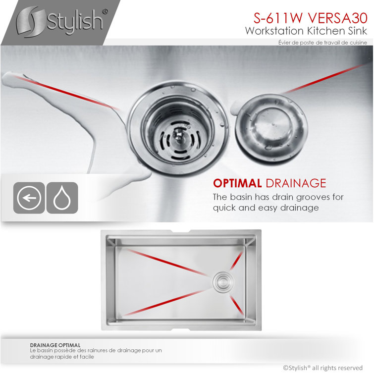 Versa STYLISH 30 inch Workstation Single Bowl Undermount 16G Kitchen Sink with Built in Accessories