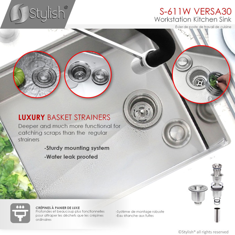 Versa STYLISH 30 inch Workstation Single Bowl Undermount 16G Kitchen Sink with Built in Accessories
