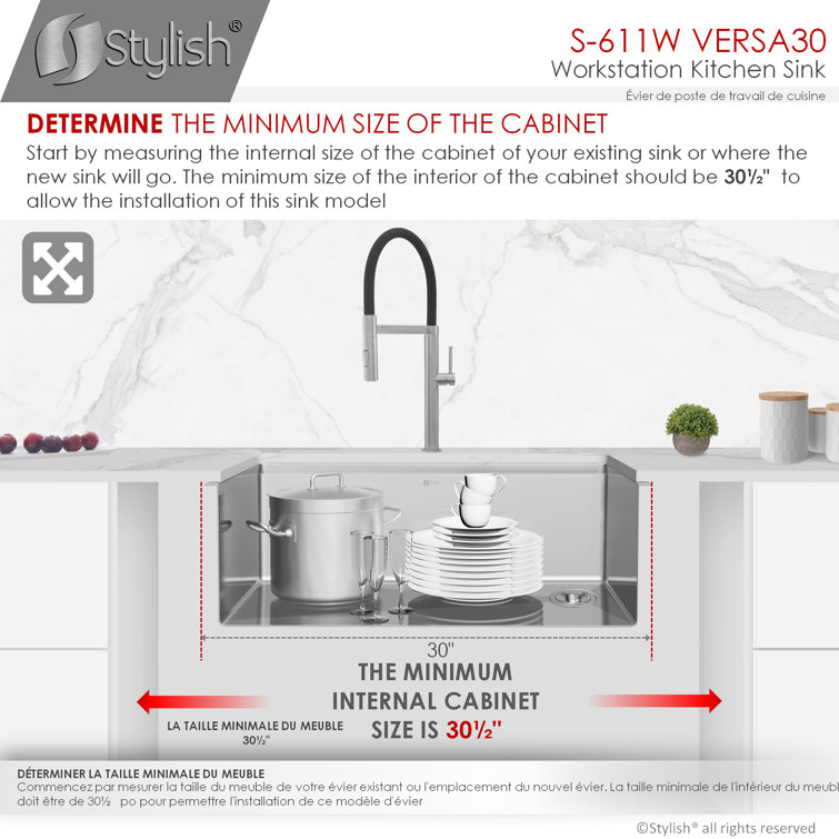 Versa STYLISH 30 inch Workstation Single Bowl Undermount 16G Kitchen Sink with Built in Accessories