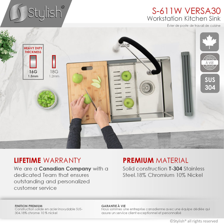 Versa STYLISH 30 inch Workstation Single Bowl Undermount 16G Kitchen Sink with Built in Accessories