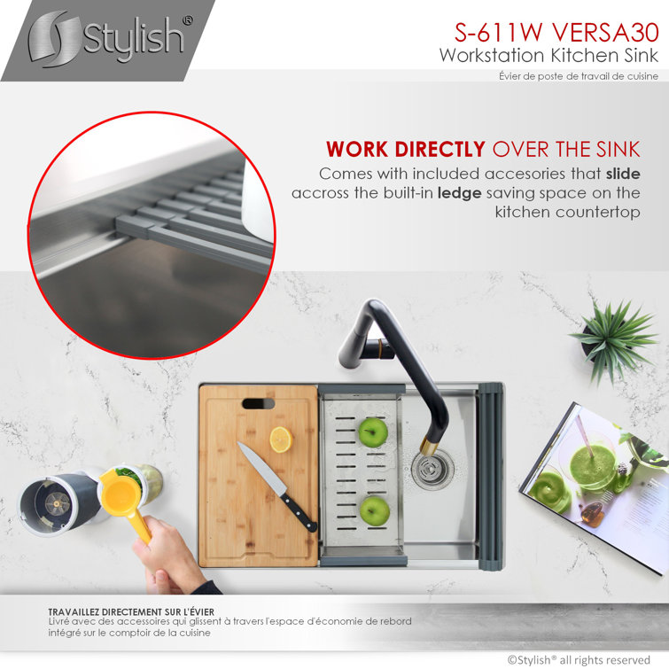 Versa STYLISH 30 inch Workstation Single Bowl Undermount 16G Kitchen Sink with Built in Accessories