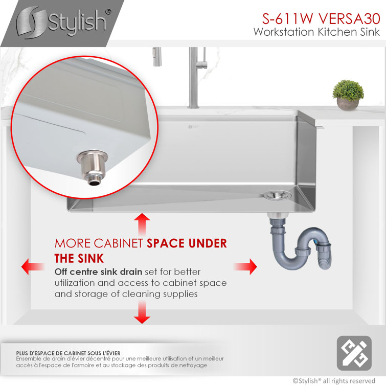 Versa STYLISH 30 inch Workstation Single Bowl Undermount 16G Kitchen Sink with Built in Accessories