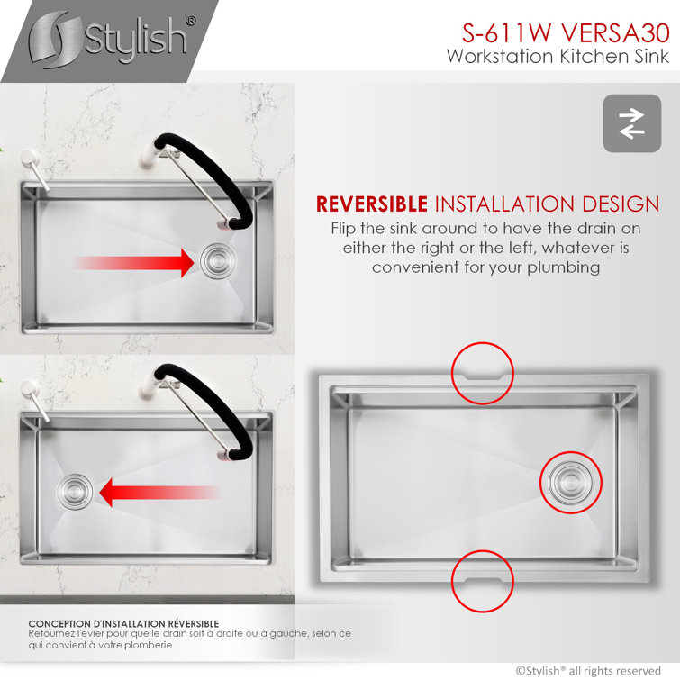 Versa STYLISH 30 inch Workstation Single Bowl Undermount 16G Kitchen Sink with Built in Accessories