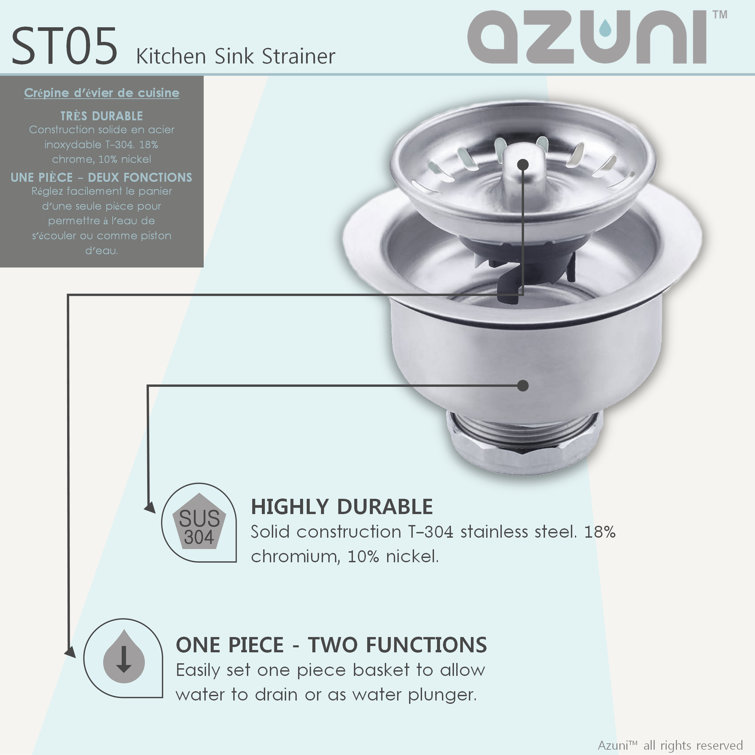 Azuni Brushed Stainless Steel Kitchen Sink Strainer with Removable Basket