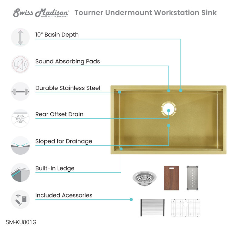 Tourner 32" Gold Stainless Steel Single Basin Farmhouse Sink