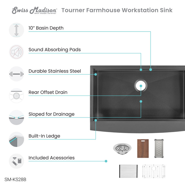 Tourner 33 x 22 Black Stainless Steel Single Basin Farmhouse Sink