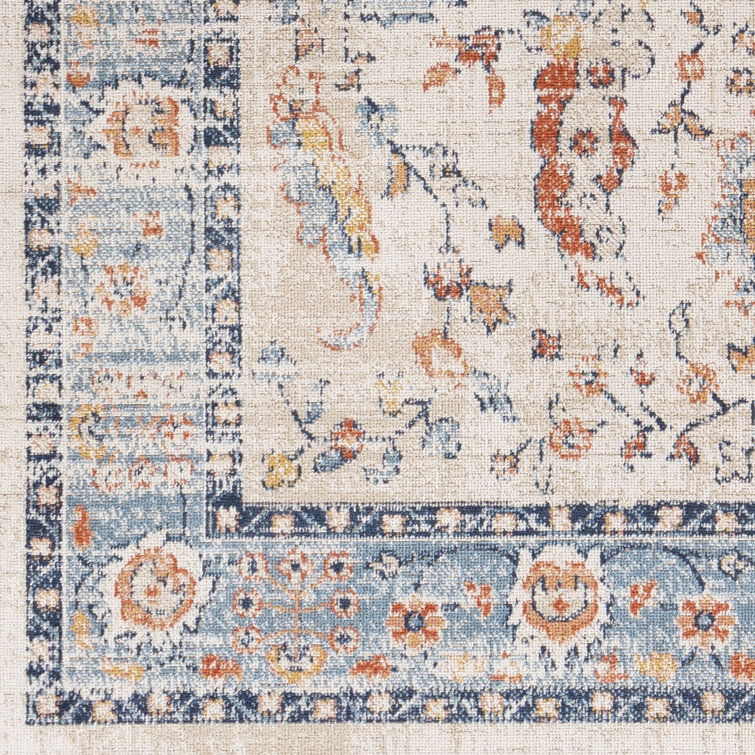 Vintage Blue and Beige Floral Medallion Synthetic Rug