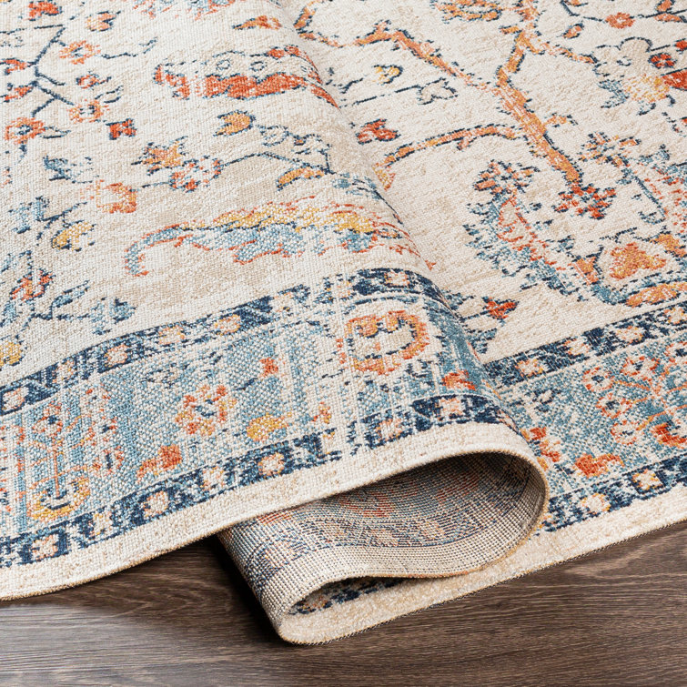 Vintage Blue and Beige Floral Medallion Synthetic Rug