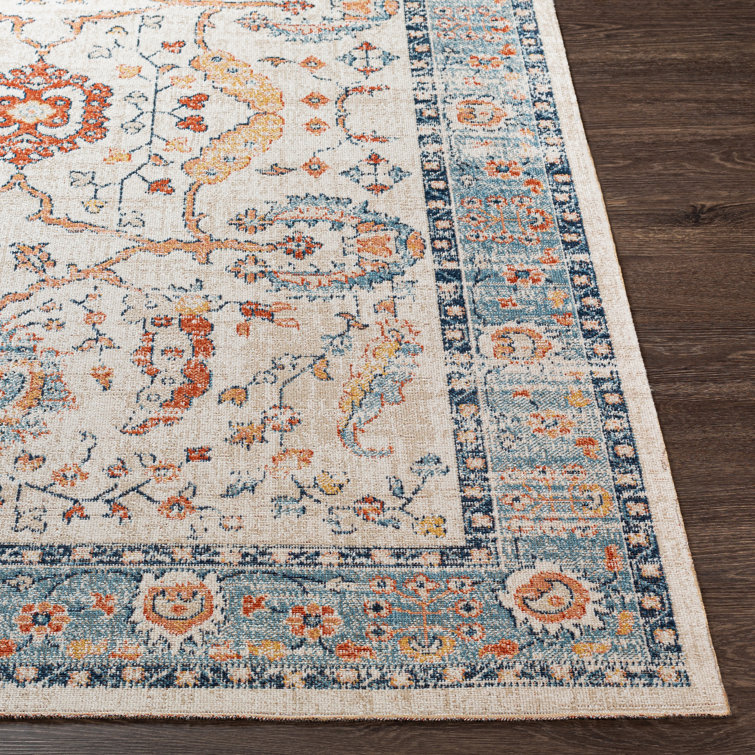Vintage Blue and Beige Floral Medallion Synthetic Rug