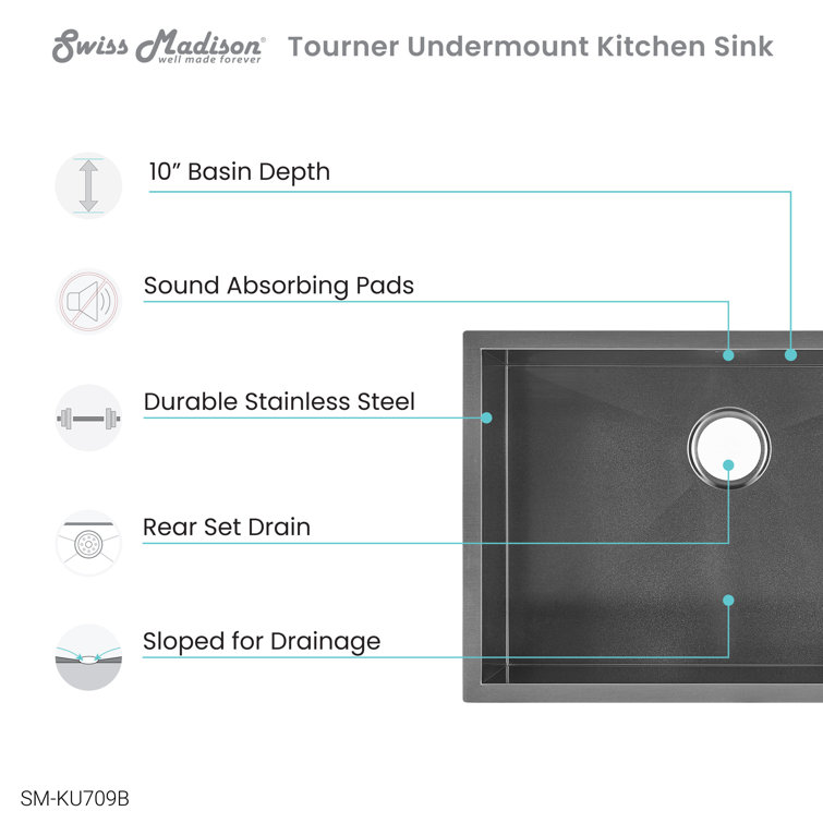 Tourner 27 x 19 Black Stainless Steel Single Basin Undermount Kitchen Sink