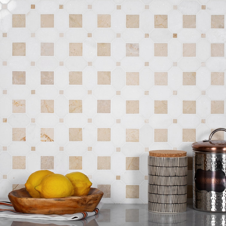 12.2" Beige and White Marble Octagon Mosaic Tile