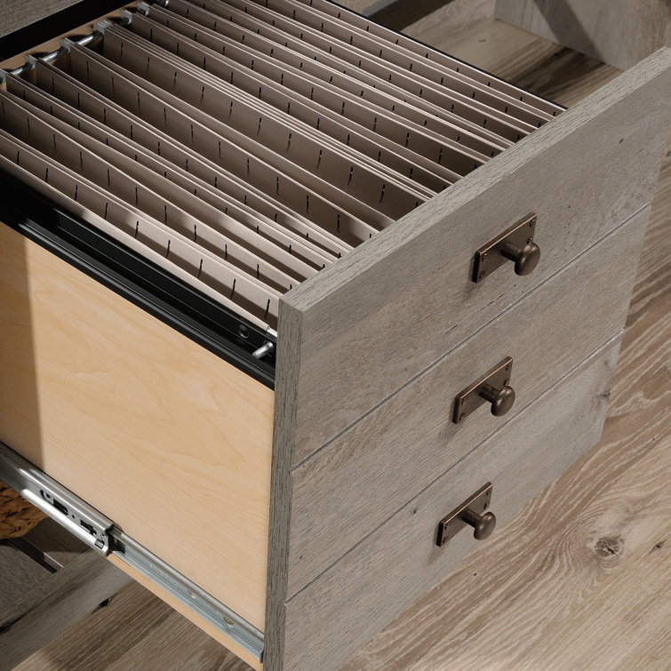 Mystic Oak L-Shaped Writing Desk with Drawer and Filing Cabinet