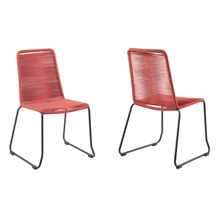 Brick Red Armless Wicker and Steel Outdoor Dining Chairs, Set of 2
