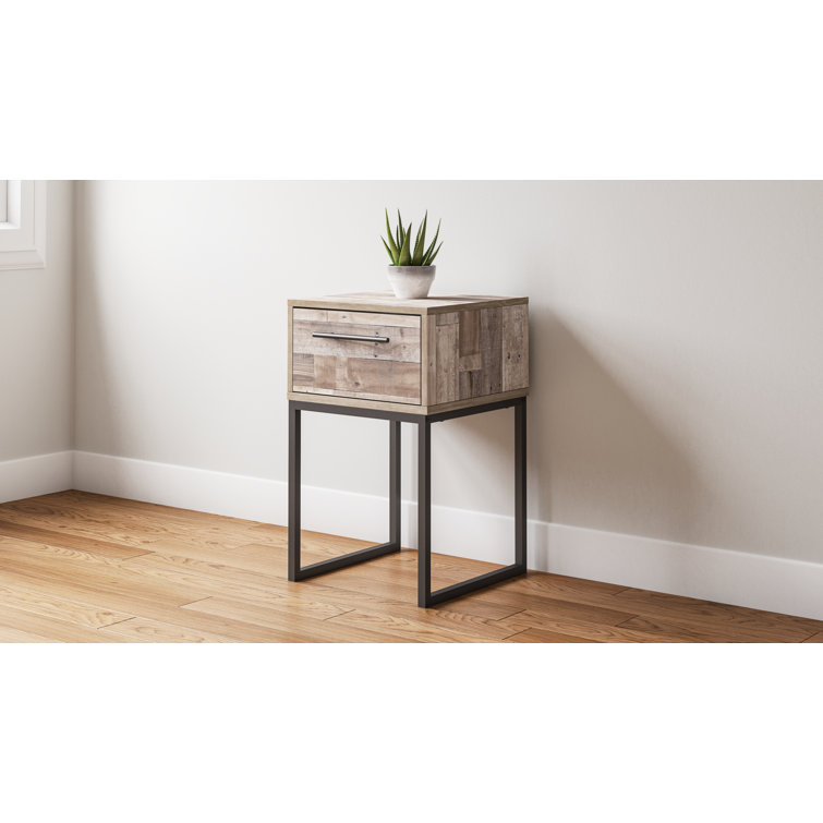 Beige and Black Transitional 1-Drawer Nightstand with Metal Legs