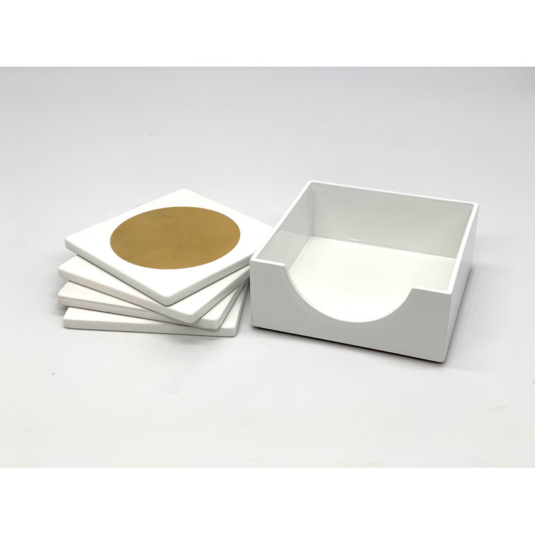 Gold and White Wood Coaster Set with Holder