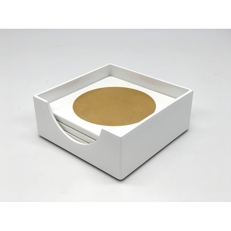 Gold and White Wood Coaster Set with Holder