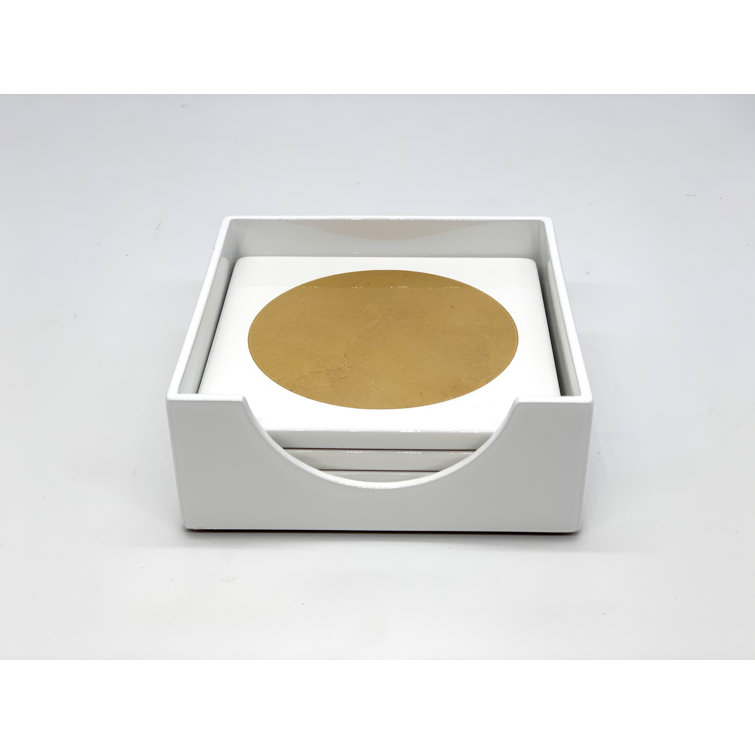 Gold and White Wood Coaster Set with Holder
