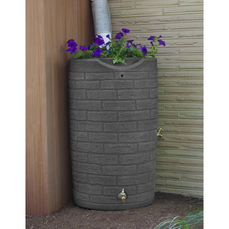 Impressions Downton 50 Gallon Dark Granite Plastic Rain Barrel with Planter