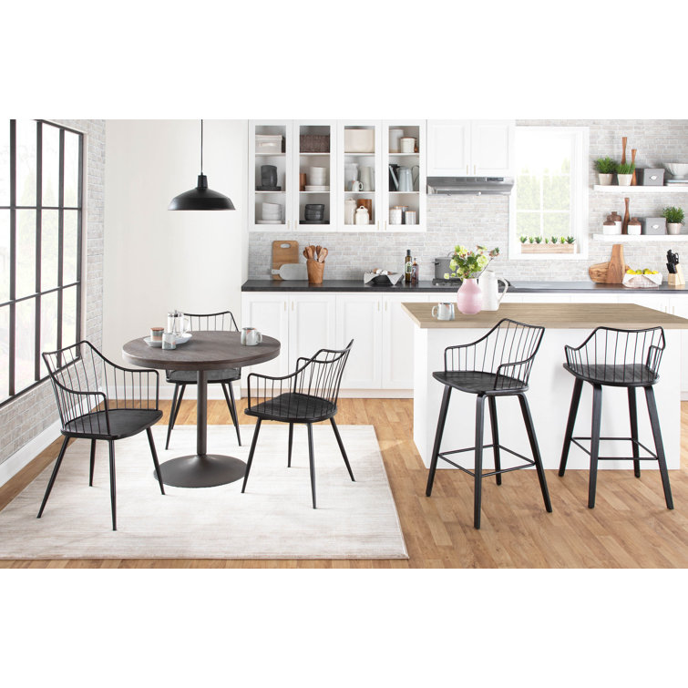 Winston Transitional Black Metal Arm Chair with Wood Seat