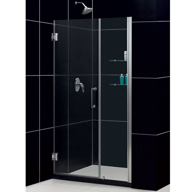 Unidoor Frameless Hinged Shower Door with Clear Glass and Chrome Finish