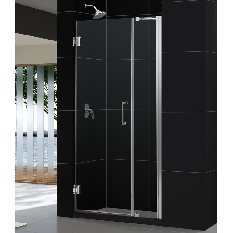 Unidoor 43" Black Hinged Frameless Shower Door with Clear Glass