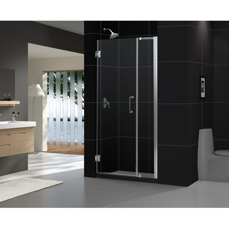 Unidoor 43" Black Hinged Frameless Shower Door with Clear Glass