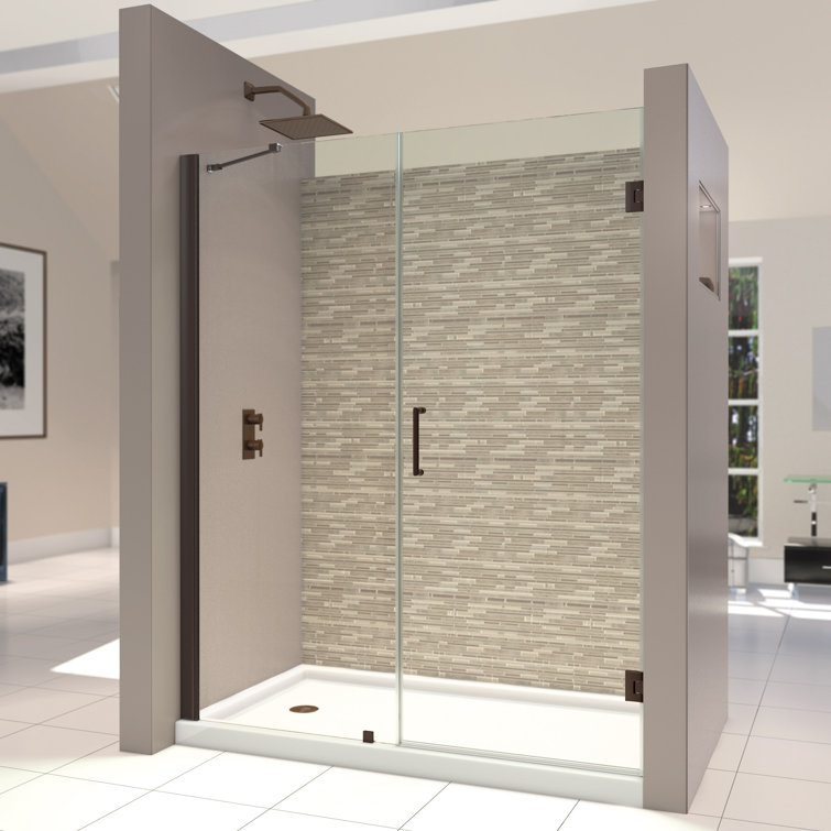 Unidoor 42" Black Frameless Hinged Shower Door with Clear Glass