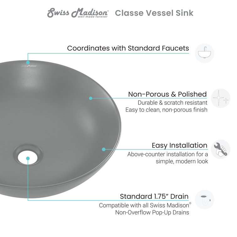Matte Gray Ceramic 16" Above-Counter Vessel Sink