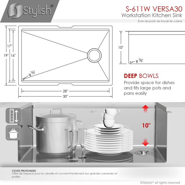 Versa STYLISH 30 inch Workstation Single Bowl Undermount 16G Kitchen Sink with Built in Accessories