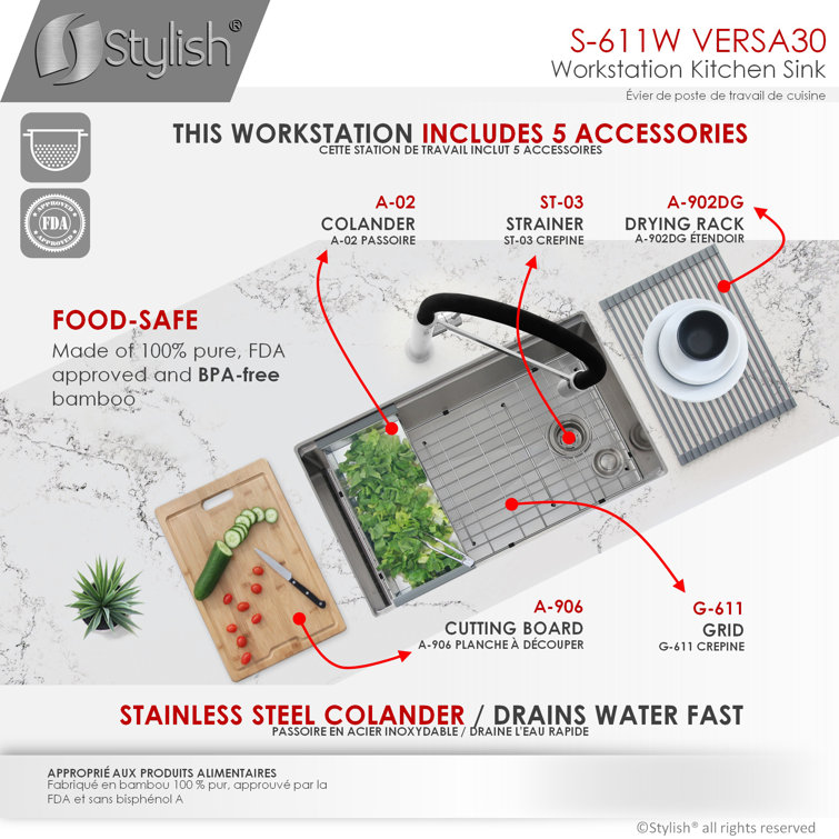 Versa STYLISH 30 inch Workstation Single Bowl Undermount 16G Kitchen Sink with Built in Accessories