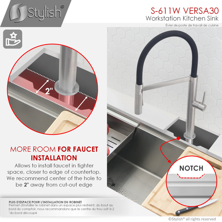 Versa STYLISH 30 inch Workstation Single Bowl Undermount 16G Kitchen Sink with Built in Accessories
