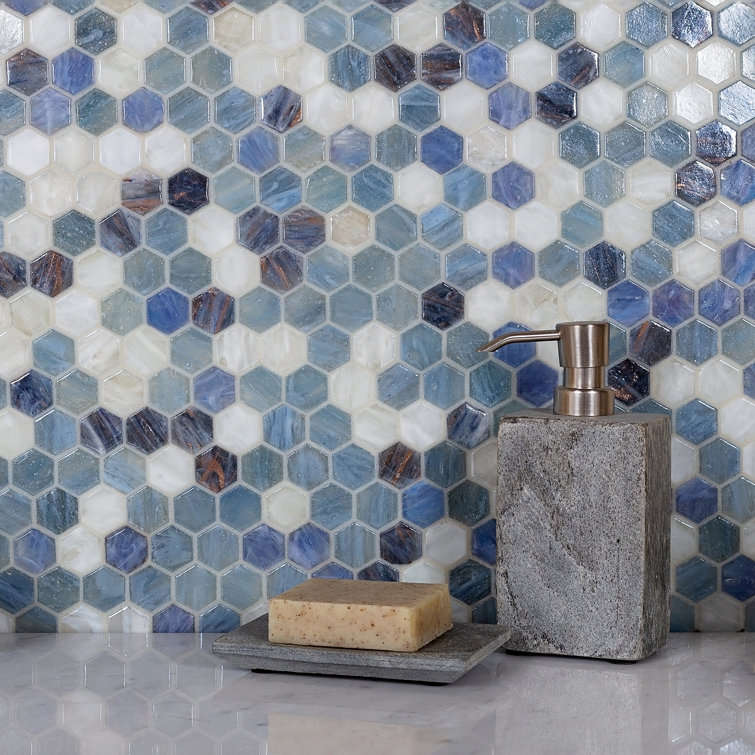 Apollo Blue and White Hexagon Glass Mosaic Tile