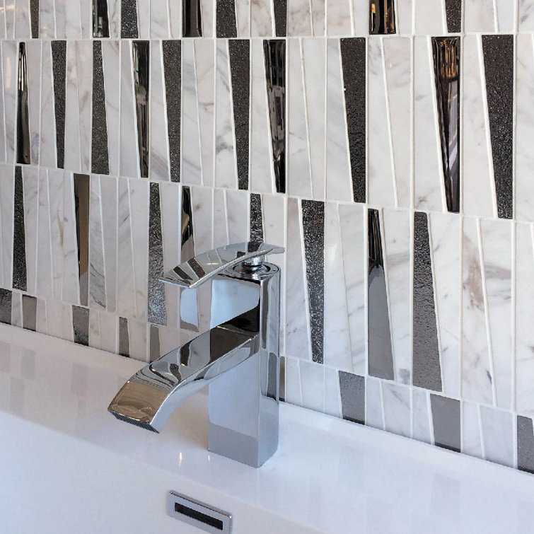 12" x 12" White and Black Polished Glass Mosaic Tile