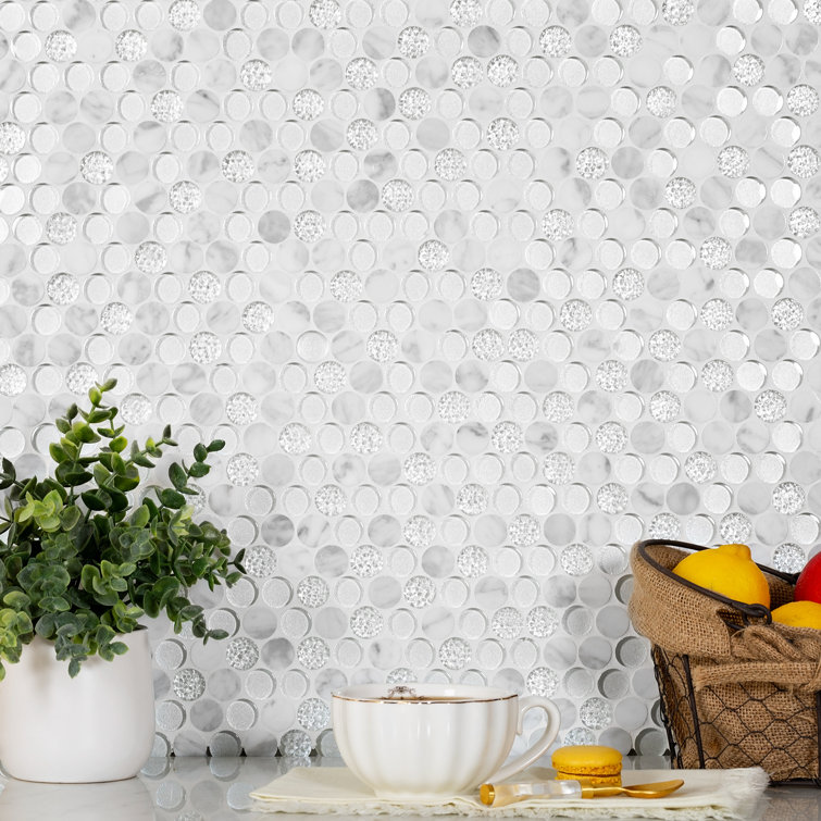 12" x 12" White Marble and Glass Penny Round Mosaic Tile