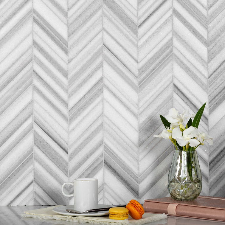 12" x 12" Gray and White Polished Marble Chevron Tile