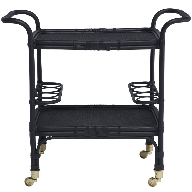 Elegant Black Rattan and Tempered Glass Bar Cart with Wine Rack