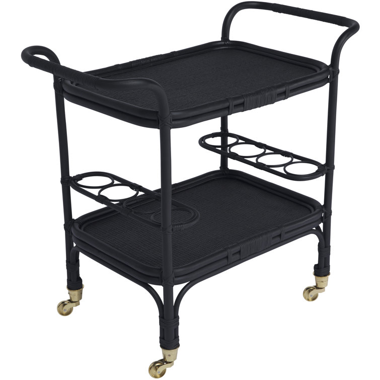 Elegant Black Rattan and Tempered Glass Bar Cart with Wine Rack