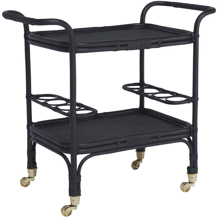 Elegant Black Rattan and Tempered Glass Bar Cart with Wine Rack