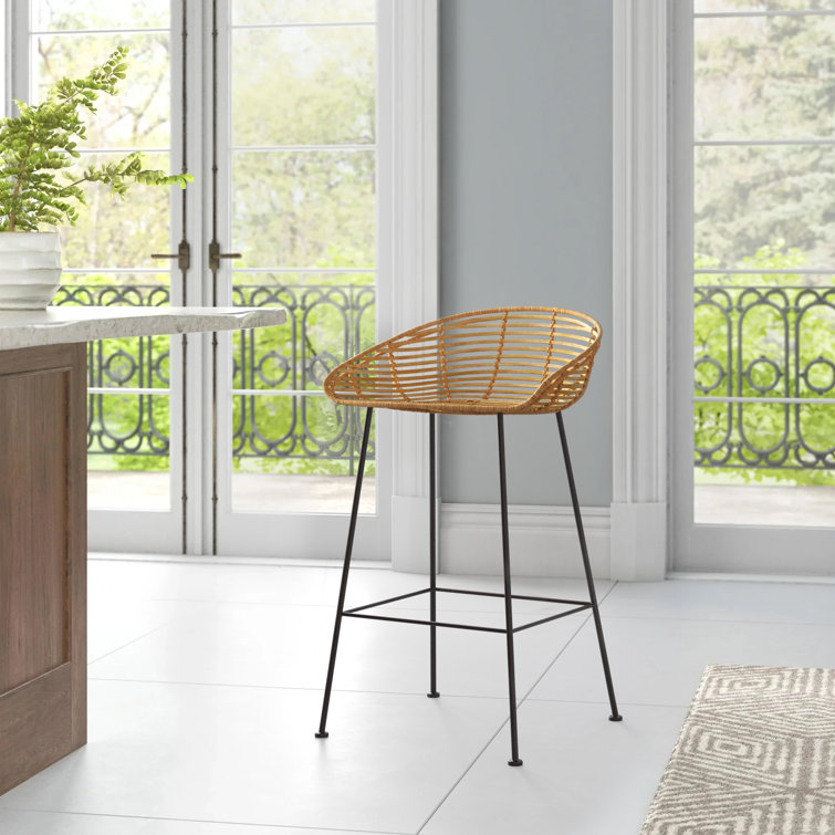 Modern Beige Wicker Rattan Bar Stool with Black Metal Legs