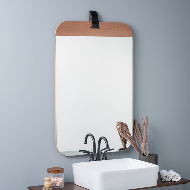 Modern Farmhouse Blonde Wood Rectangular Wall Mirror with Gold Leather Strap