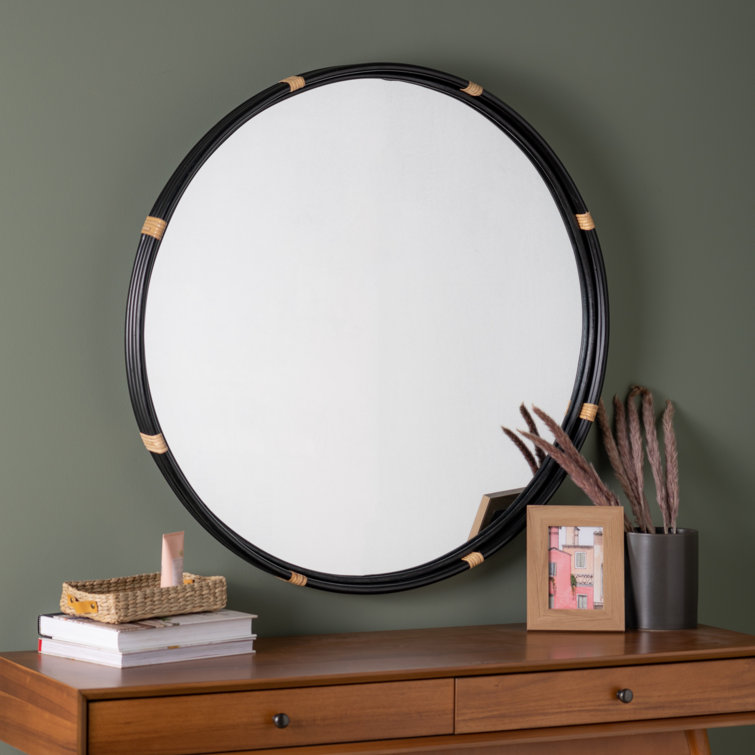 Evan 34.5'' Black Modern Industrial Round Wood Wall Mirror