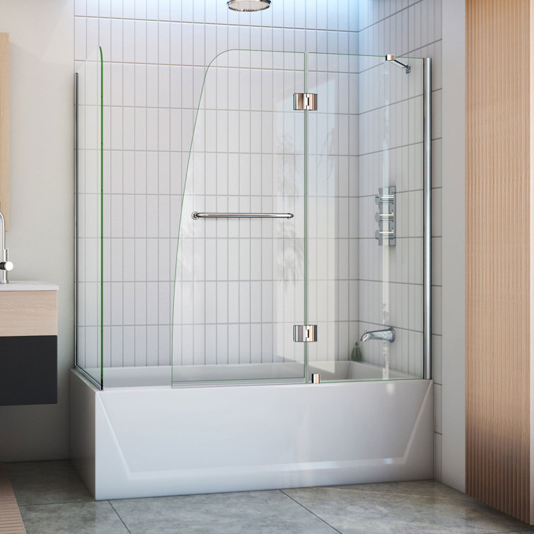 Aqua Frameless Clear Glass Hinged Tub Door with Brushed Nickel Hardware