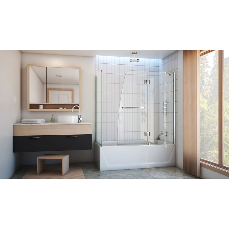 Aqua Frameless Clear Glass Hinged Tub Door with Brushed Nickel Hardware