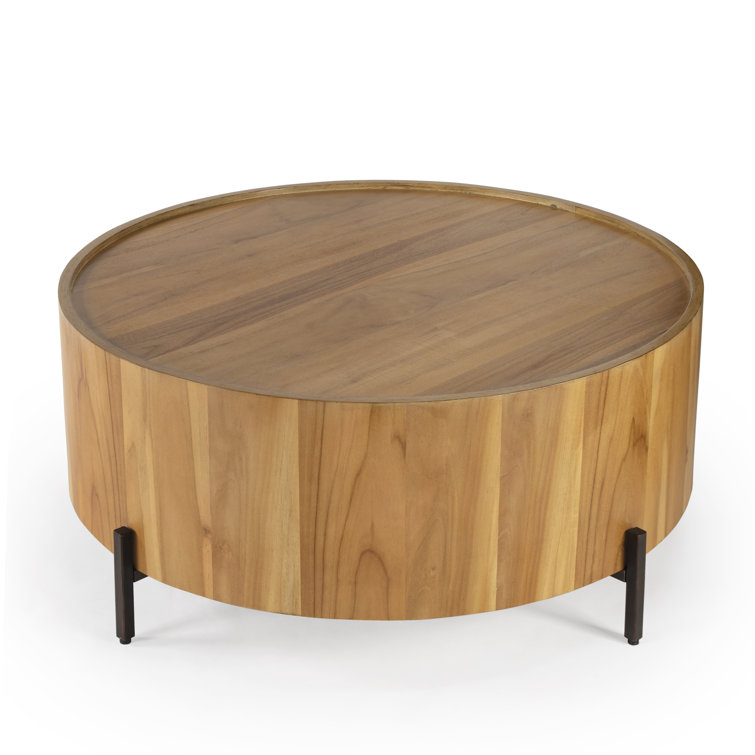 Natural Teak Round Drum Coffee Table with Metal Legs