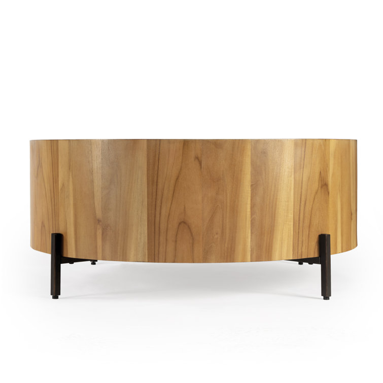 Natural Teak Round Drum Coffee Table with Metal Legs