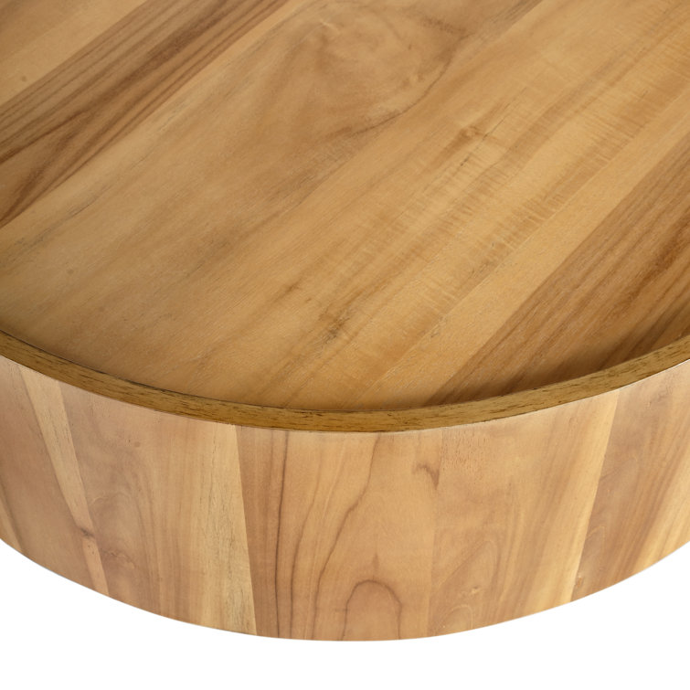 Natural Teak Round Drum Coffee Table with Metal Legs