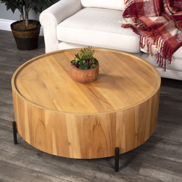 Natural Teak Round Drum Coffee Table with Metal Legs
