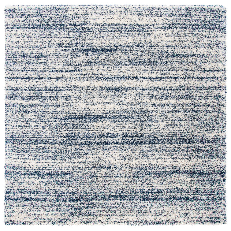 Ivory and Navy Square Shag Area Rug, 7' x 7'