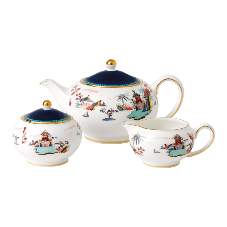 Wonderlust Blue Pagoda Bone China Tea Set with Gold Trim
