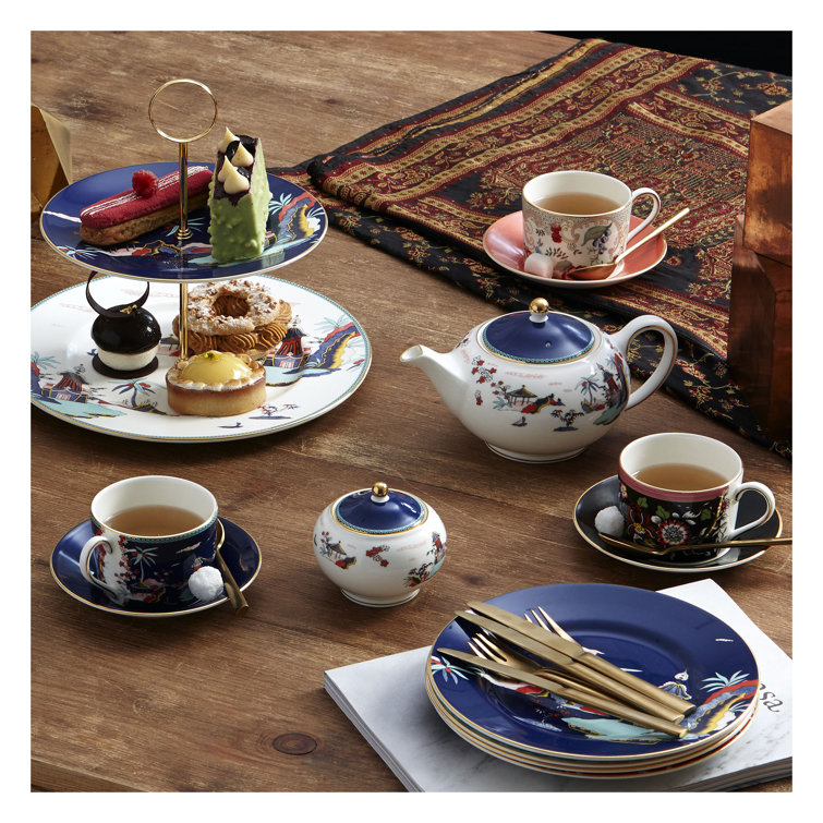 Wonderlust Blue Pagoda Bone China Tea Set with Gold Trim